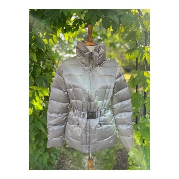 90s Y2K Guess Silver Metallic Satin Down Puffer Jacket Belt - Picture 2 of 16